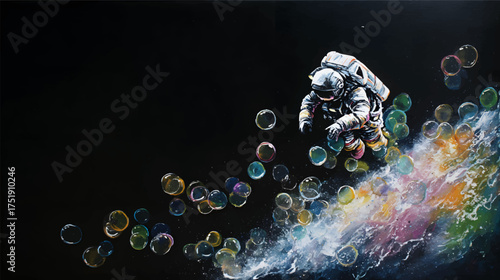 An astronaut floating in a colorful cosmic scene filled with vibrant nebulas and bubbles
