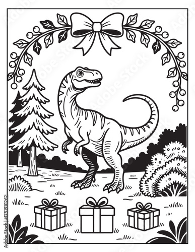 Christmas tyrannosaurus rex dinosaur with gifts and festive wreath for holiday coloring page
