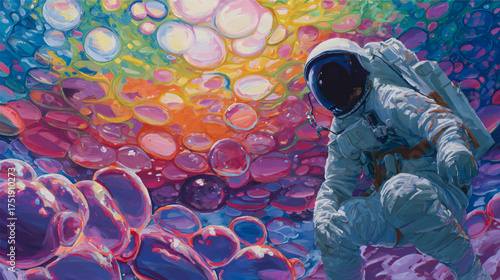 An astronaut floating in a colorful cosmic scene filled with vibrant nebulas and bubbles
