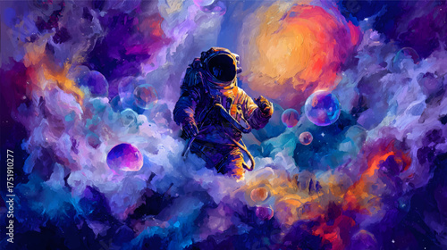An astronaut floating in a colorful cosmic scene filled with vibrant nebulas and bubbles