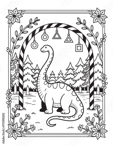 Joyful brontosaurus dinosaur amidst snowy evergreen trees and festive christmas ornaments coloring page illustration