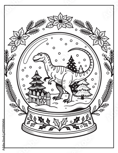 Whimsical dinosaur inside a festive christmas snow globe with snowflakes and pine trees hand-drawn outline