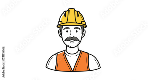 Cartoon Illustration of a Construction Worker with Yellow Hard Hat and Mustache.