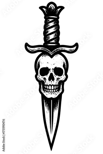 Gritty Black and White Skull Dagger Illustration, a striking vintage tattoo design featuring a gothic skull and sharp blade, ideal for edgy apparel, dark themes, and symbolic art. Perfect for digital