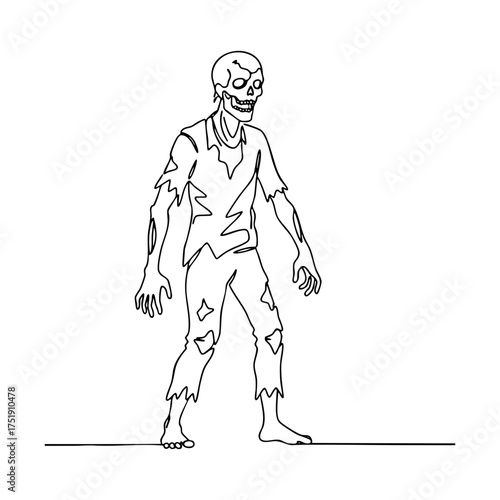 Vector line art zombie figure standing with tattered clothes, minimalist black outline horror illustration for Halloween or creepy posters