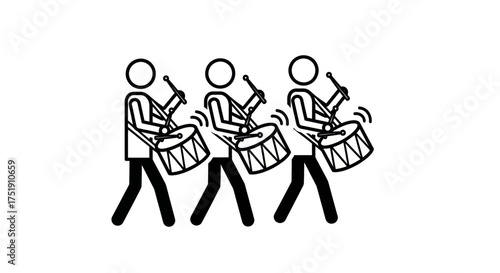 Line of Drummers Playing Drums in Unison Black and White Simple Illustration.