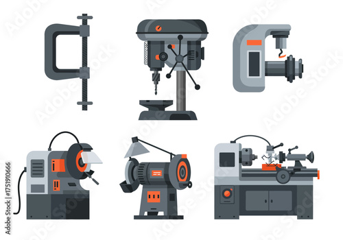 Industrial Machinery Illustration of Workshop Tools for Woodworking and Metalworking