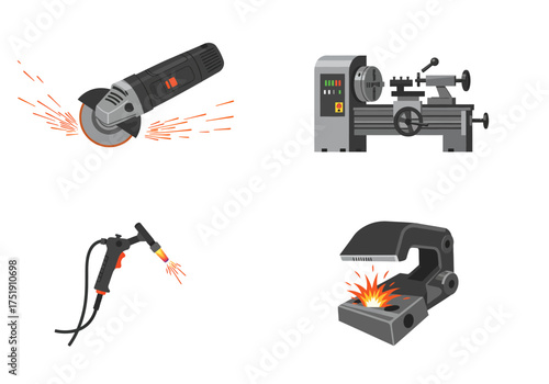 Metalworking Tools Angle Grinder, Lathe, Welding Gun, and Forge Isolated