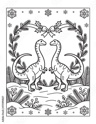 Whimsical christmas coloring page featuring two adorable dinosaurs surrounded by festive winter wreath and snowflakes