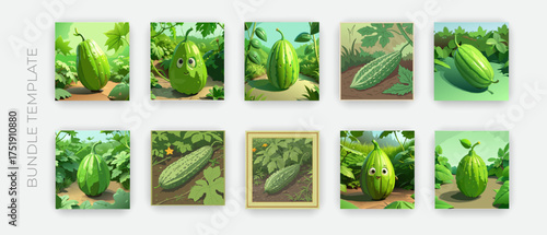 Green Bitter Gourd Vector Bundle | Realistic Vegetable Illustration Set | Farm Garden Design Pack