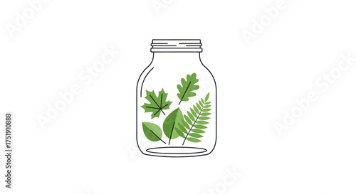 Illustrated Glass Jar with Diverse Green Leaves.