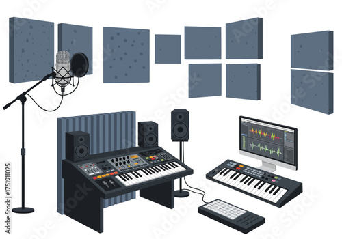 Professional Music Recording Studio Setup Illustration, Audio Engineering Equipment