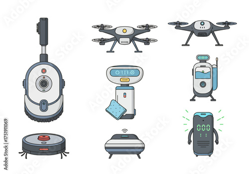 Diverse Set of Modern Robots and Drones Vector Illustration