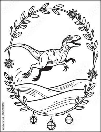 Dinosaur raptor illustration in ornate laurel wreath with hills and ornaments for coloring or design