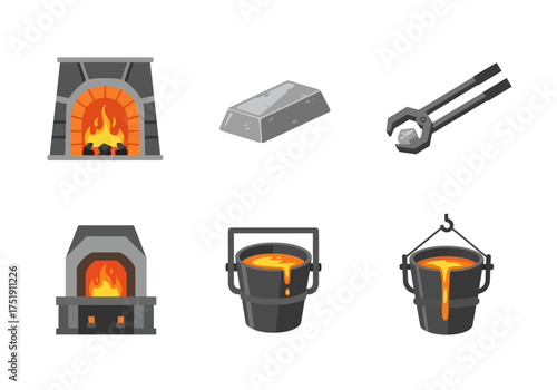 Blacksmithing Elements Furnace, Metal Ingot, Tongs, and Molten Iron Buckets