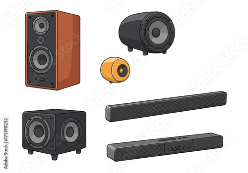 Audio Equipment Assortment Speakers, Subwoofer, and Soundbars for Home Entertainment