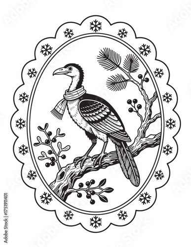 Vintage style bird with scarf perched on a branch within an ornate oval frame nature scene