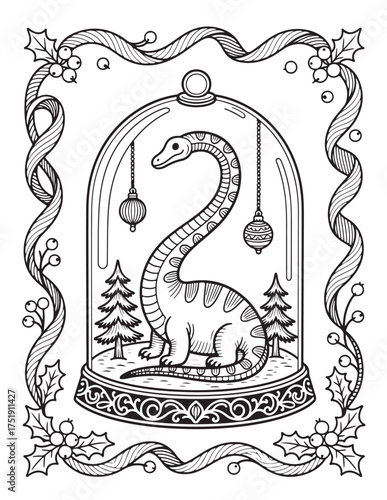 Whimsical dinosaur in glass dome with christmas ornaments and holly border festive holiday line art coloring page