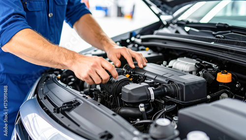 Mechanic performing car engine inspection and maintenance service