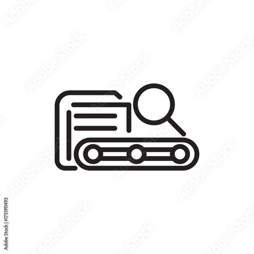 Minimal line icon of a machine inspection process, showing analysis and quality control concept. Perfect for manufacturing, engineering, automation, factory systems, and industrial vector projects.