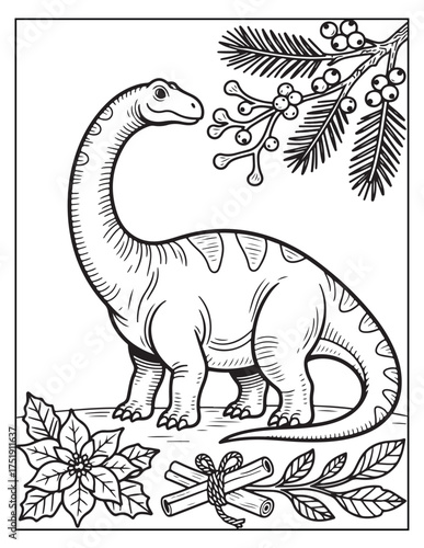 Whimsical brontosaurus dinosaur enjoying festive christmas decorations festive poinsettia and holly sprigs for holiday fun
