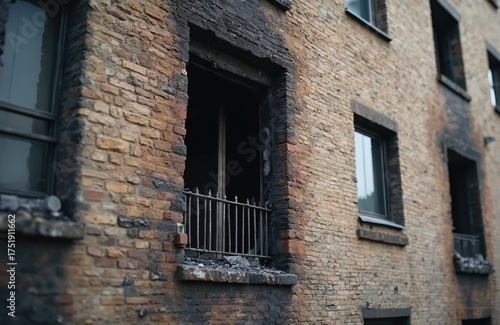 Exterior brick apartment building wall with windows showing severe fire damage. Charred soot stains cover facade. Some window frames and glass are broken or missing. Rebuilding efforts may be needed.