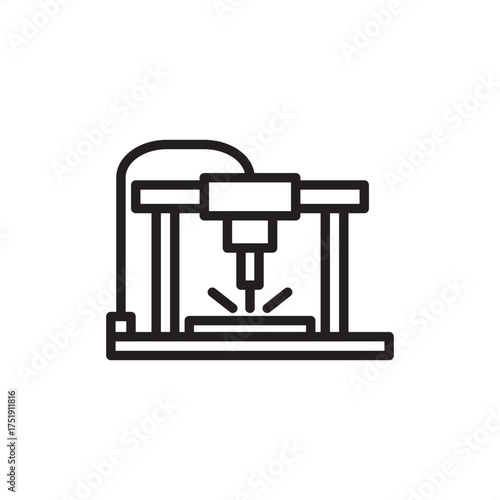 Minimal line icon of a 3D printing machine, symbolizing additive manufacturing and digital fabrication. Perfect for engineering, prototyping, technology, innovation, and industrial vector projects.