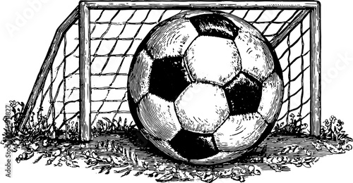 Vintage soccer ball against a goal. Detailed black and white vector illustration for sports-themed design.