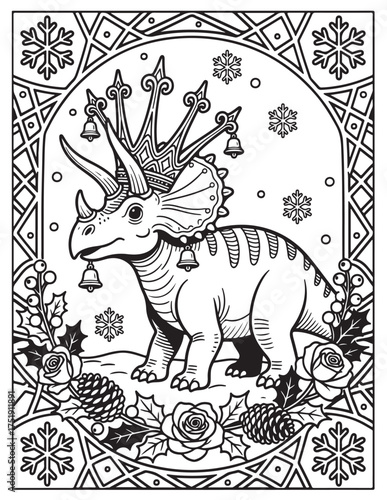 Whimsical triceratops dinosaur decorated for winter holidays festive season with bells and ornaments coloring page