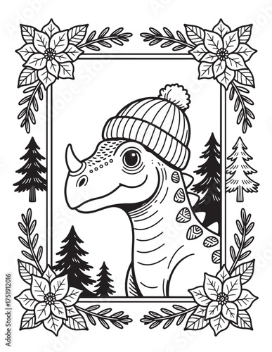 Cute dinosaur wearing a winter hat surrounded by festive poinsettias and christmas trees for holiday coloring fun