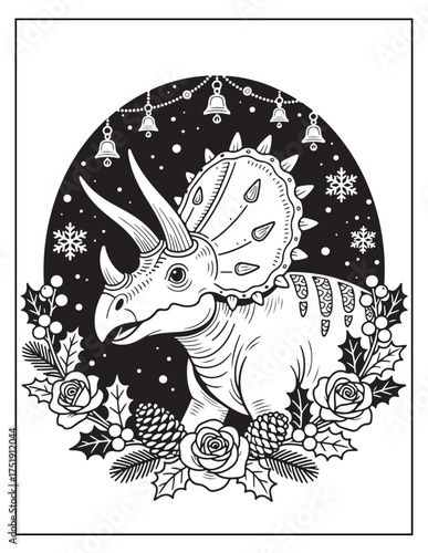 Festive triceratops dinosaur surrounded by christmas wreath and snowy decorations holiday season celebration