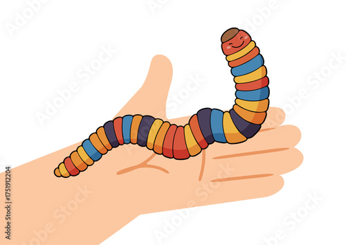 A colorful  earthworm with a happy face sits on a person's open hand. For agriculture, loosening and fertilizing the soil, ecological farming. Illustration for a child's learning and growth concept.