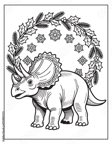 Festive triceratops dinosaur with snowy wreath and snowflakes coloring page for holiday fun