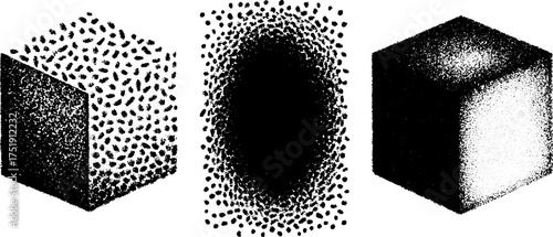 Geometric cube shapes with black and white textures. Simple vector illustration showcasing contrasts in a set design.