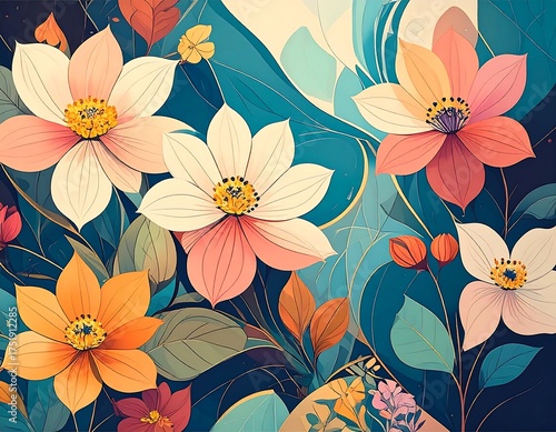 Vibrant floral illustration, stylized blooms in warm and cool tones against a dark blue, wave-like background
