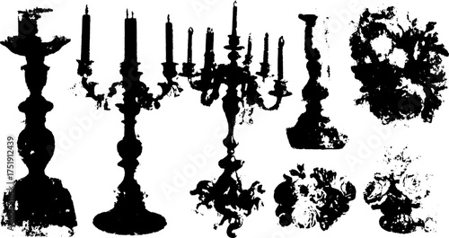 Vintage candlestick engraving set in black outline style. Decorative illustration featuring classic lighting objects and elegant details in vector format.