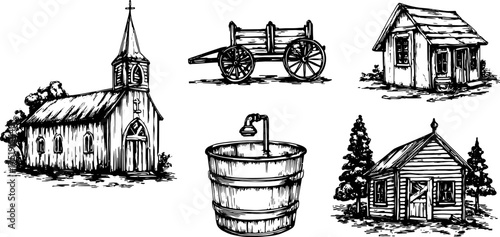 Set of buildings including a church, cottage, and well. A black-and-white vector illustration of historical rural architecture.