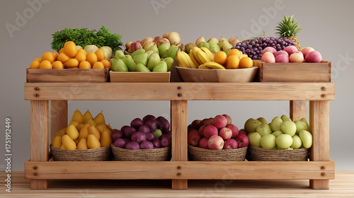 3D wooden stand with assorted fruits, thriving commerce in market visuals, market innovation through 3D models, agricultural vitality in produce stands, consumer trends in market s