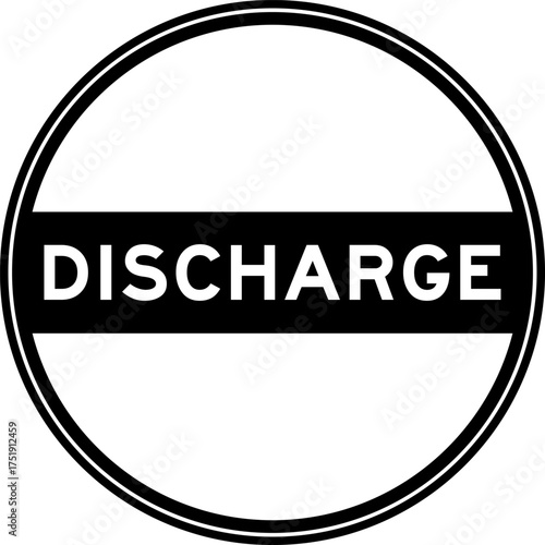Foto Black color round seal sticker in word discharge on white background