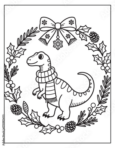 Cute cartoon dinosaur wearing a scarf in a christmas wreath with a bow and snowflake decoration festive holiday design