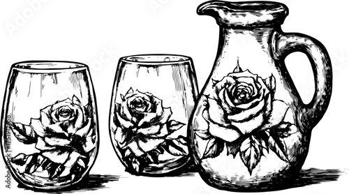 Rose design on a jug and glasses set in vintage line drawing style. Detailed vector illustration featuring floral elements.