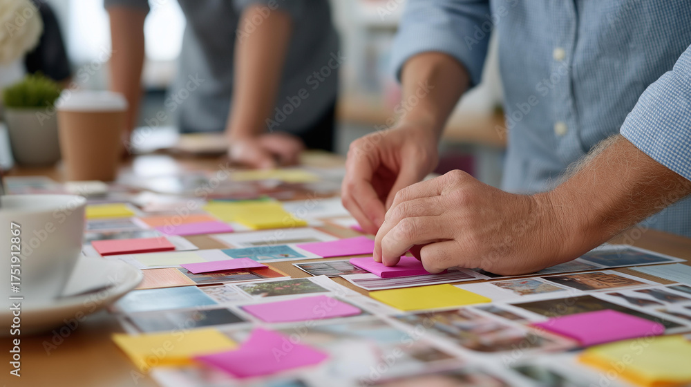 Obraz premium Creative team brainstorming with mood boards, thriving commerce in marketing ideas, market innovation through campaign generation, digital growth in design sessions, consumer trend