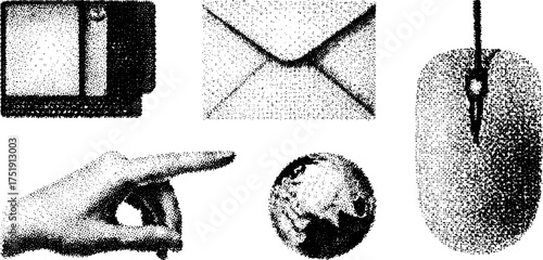 Hand pointing at an earth illustration in retro style. Includes a mouse and envelope in a vintage vector set.