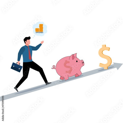 businessman investor walking savings piggybank hunting for dollar money return.