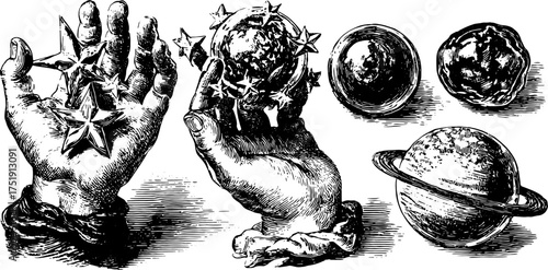 Hand with stars and planets in a vintage engraving style. Black outline drawing set for an antique-themed vector illustration.