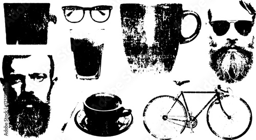 Engraving style vector illustrations featuring a set of coffee cup, beard, and bicycle. Vintage line drawing outline illustration collection of accessories.