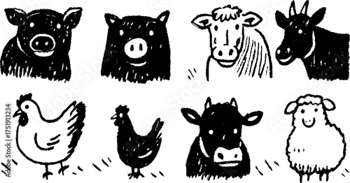 Farm animals vector illustration set includes black sketches of a cow, pig, chicken, and sheep. Simple and bold design for agricultural themes.