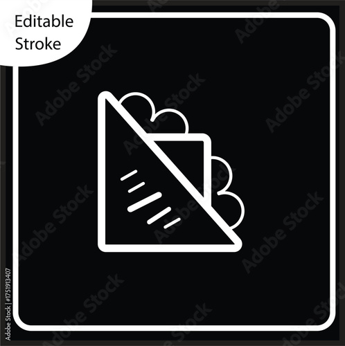 Simple, minimalist outline icon featuring a triangular cut sandwich, likely a toastie or club sandwich, with filling visible. The design is clean and the stroke is editable, making it perfect for food