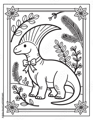 Cute cartoon dinosaur with a bow tie and festive foliage for coloring pages or decorations
