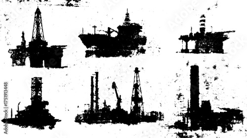 Vintage engravings of oil drilling platforms in silhouette style. Black and white vector illustration set showcasing industrial equipment.